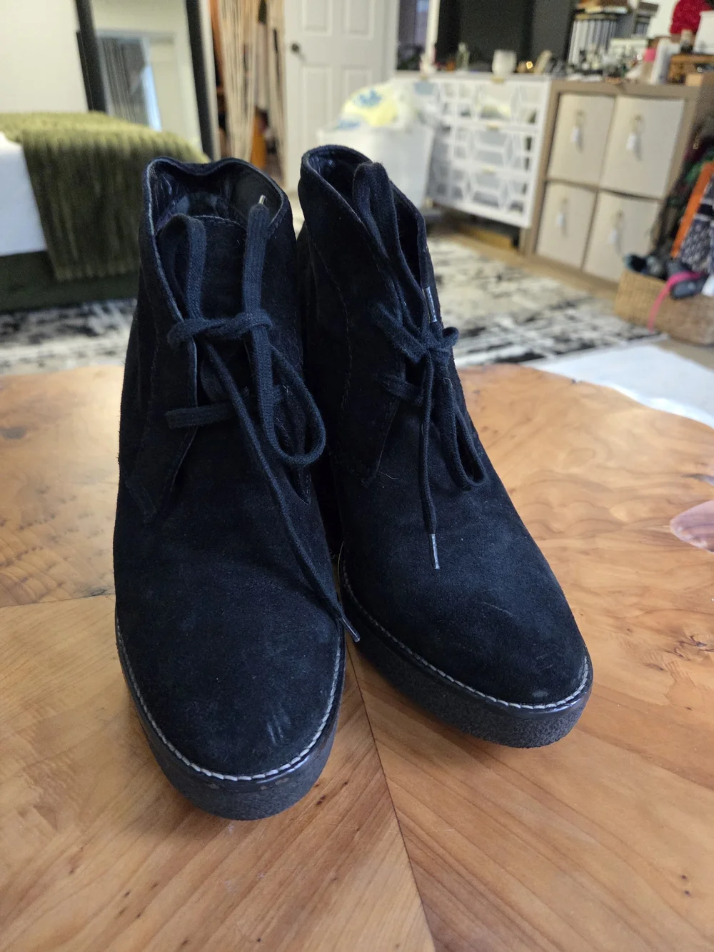 Aquatalia Black Suede Lace-Up Wedge Ankle Boots